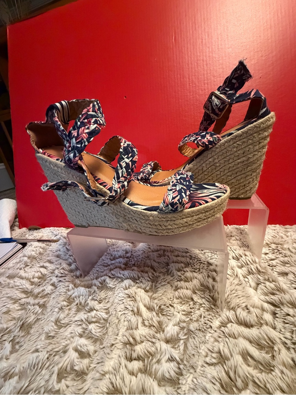 Qupid Navy Floral Espadrille Wedge Sandals
